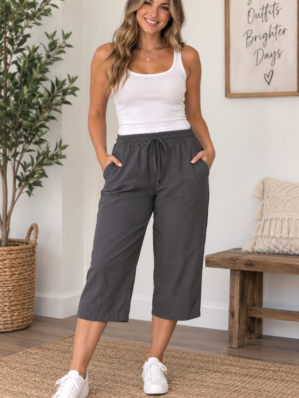 Everyday Elastic-Waist Cropped Pants - Charcoal